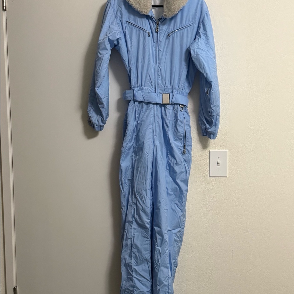 Bogner Light Blue Suit with Fur Collar